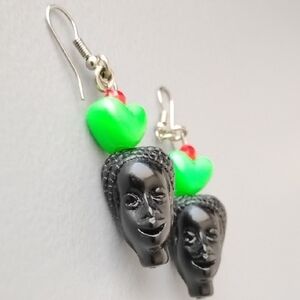 Black Head and Green Heart Dangle Earrings
